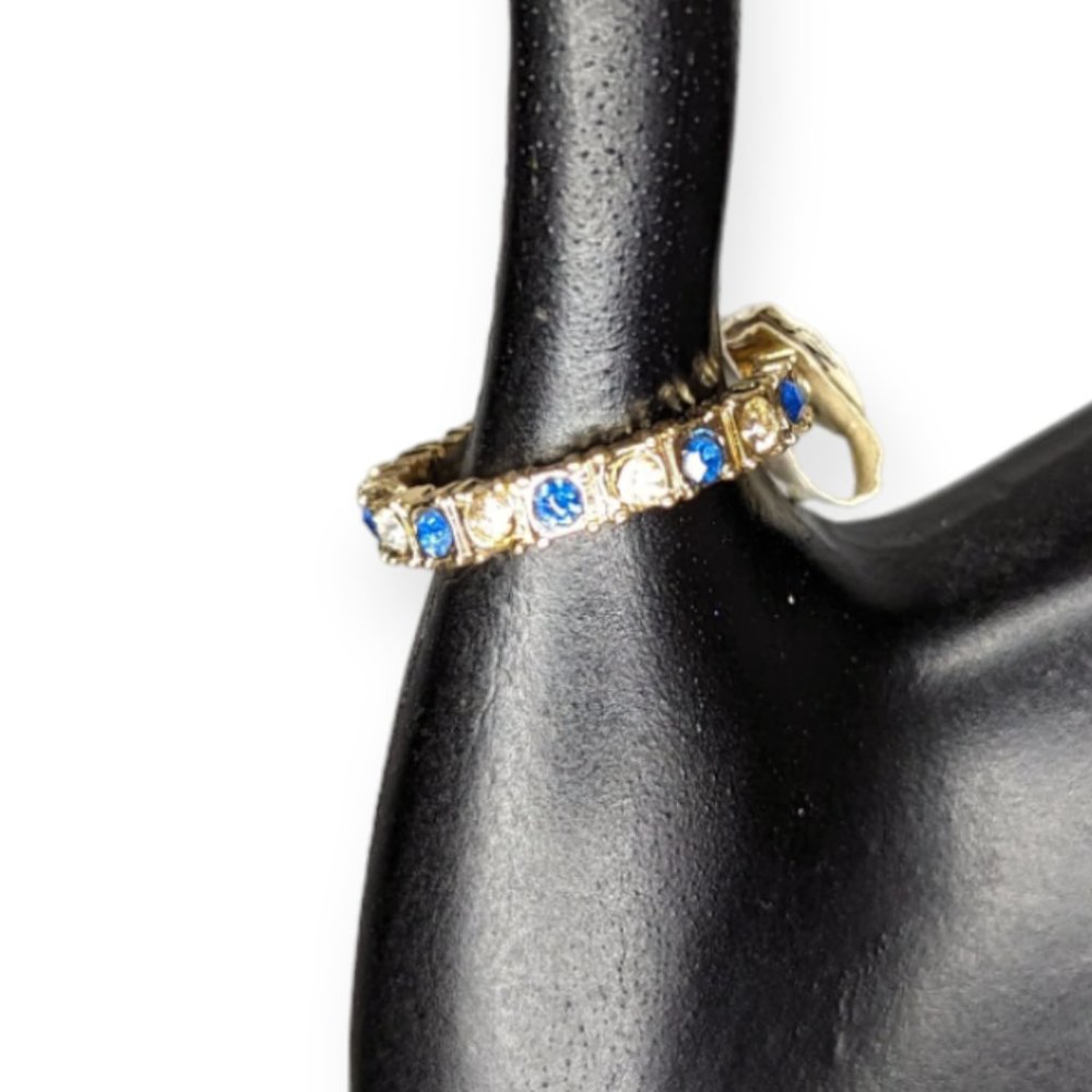 Roman Gold Tone Rhinestone & Blue Faux Sapphire Wrapped Ring Size 6